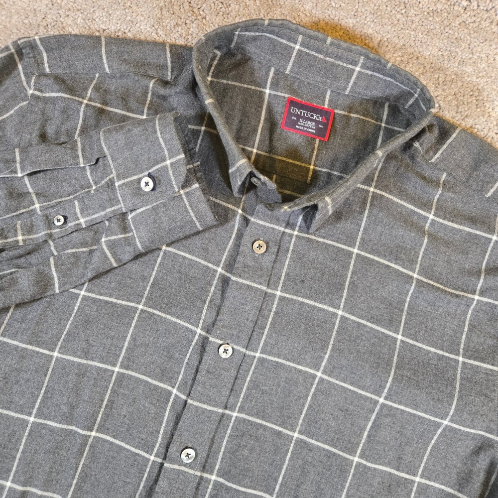 UNTUCKit Button Down Long Sleeve Gray White Plaid X-Large Flannel Men's